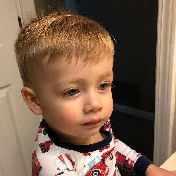 Blonde Bowl Toddler Boy Haircuts -A boy had his Blonde Bowl Cut wearing t-shirt