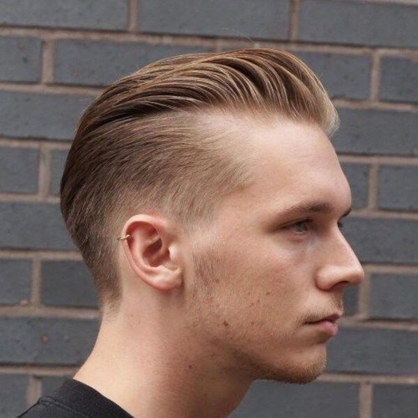 Comb Over Taper Haircuts for Men with Receding Hairline - a man had his Receding Hairline Combover with shirt