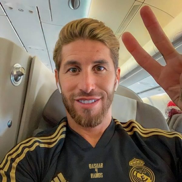 Blonde Comb Over with Tapered Cut- Sergio Ramos wearing a black sports t-shirt