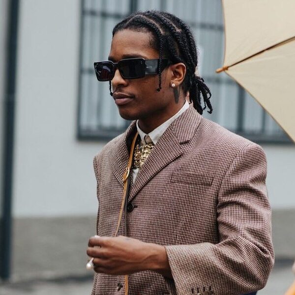 Cornrows with Ponytail- Asap Rocky wearing a light brown suit