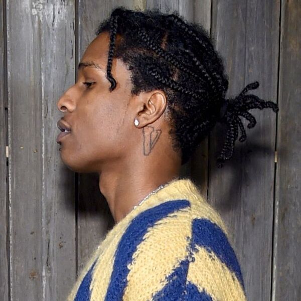 Curly Box Braids with Ponytail- Asap Rocky wearing a blue stripe winter coat