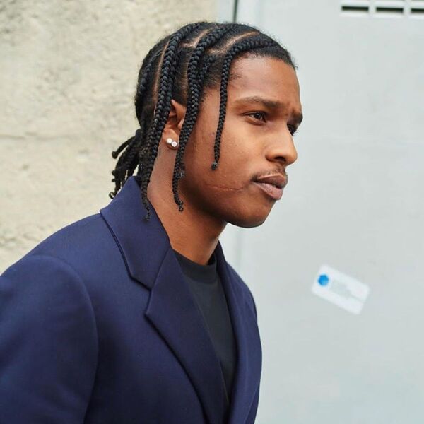 Long Thick Side Braids- Asap Rocky wearing navy blue suit