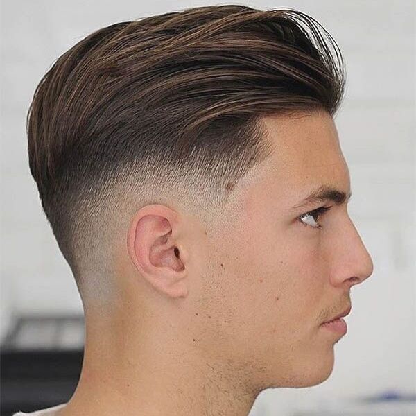 a side view look of a man with his straight chocolate brown disconnected undercut hair