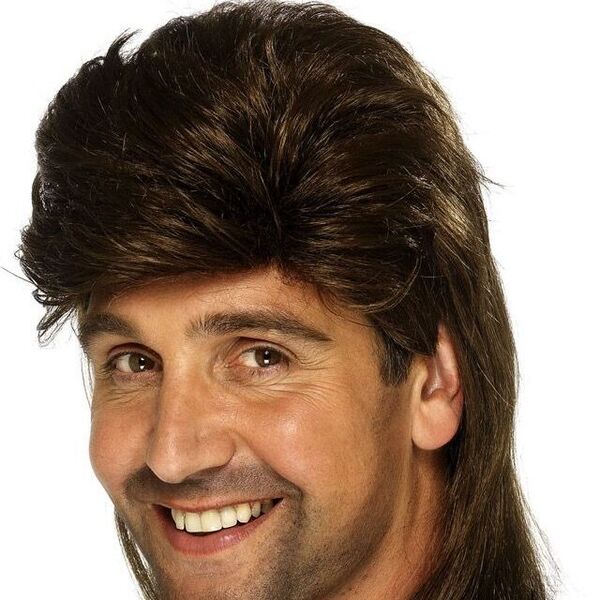 a close up look of a man with his long mullet hair,  a 80s hairstyles for men